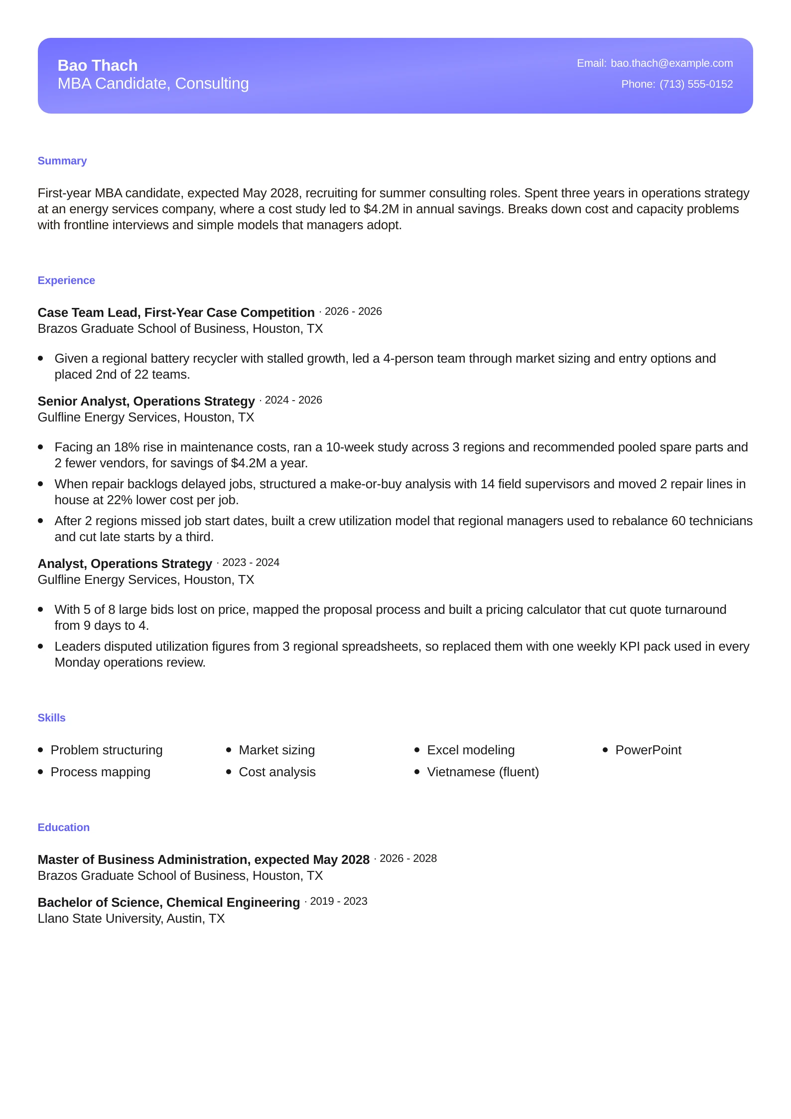 MBA Candidate, Consulting