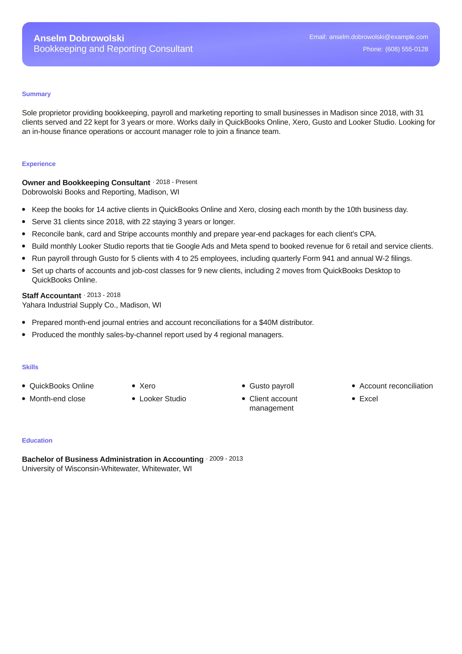 Bookkeeping and Reporting Consultant
