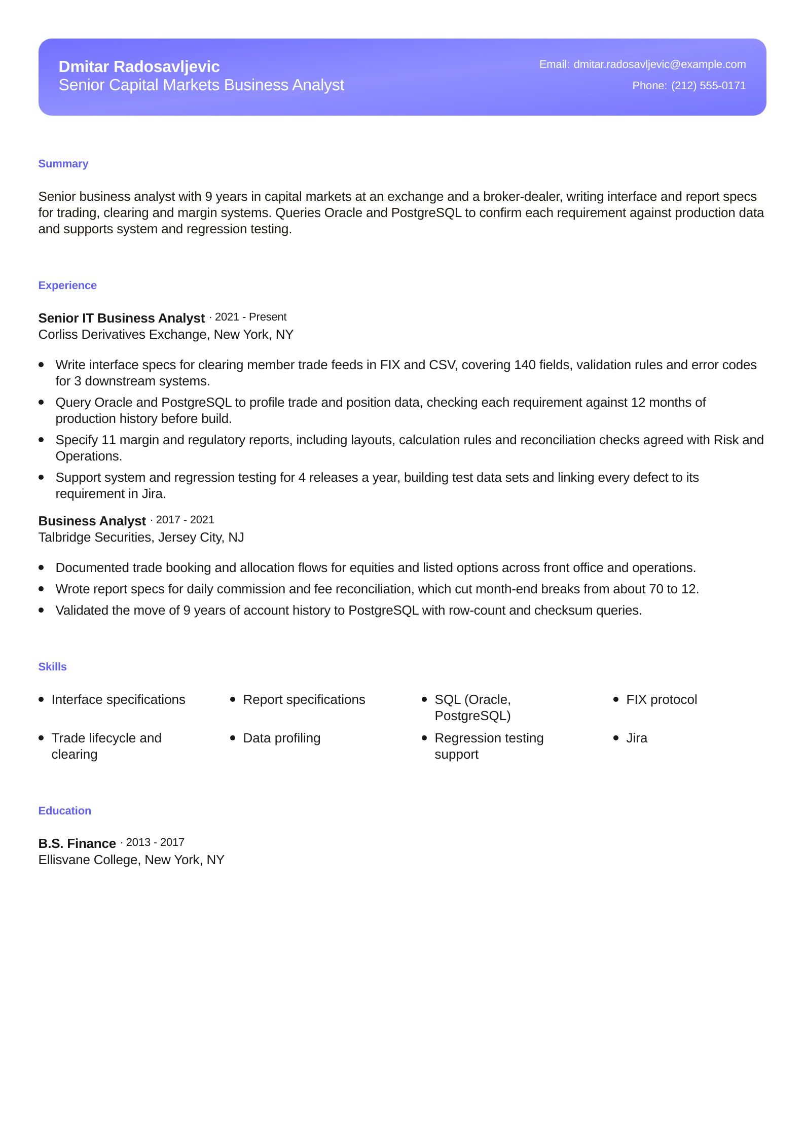 Senior Capital Markets Business Analyst