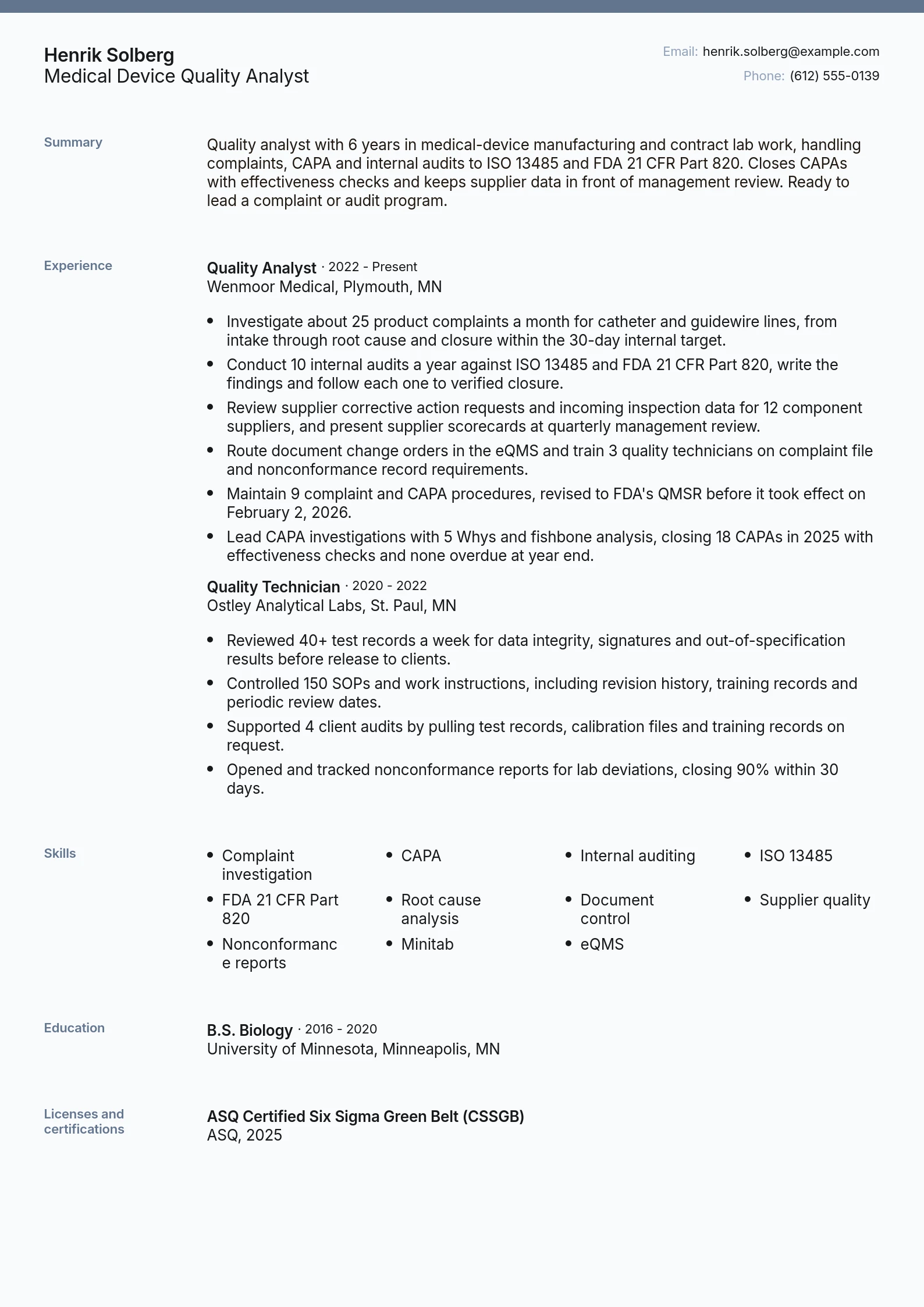Medical Device Quality Analyst